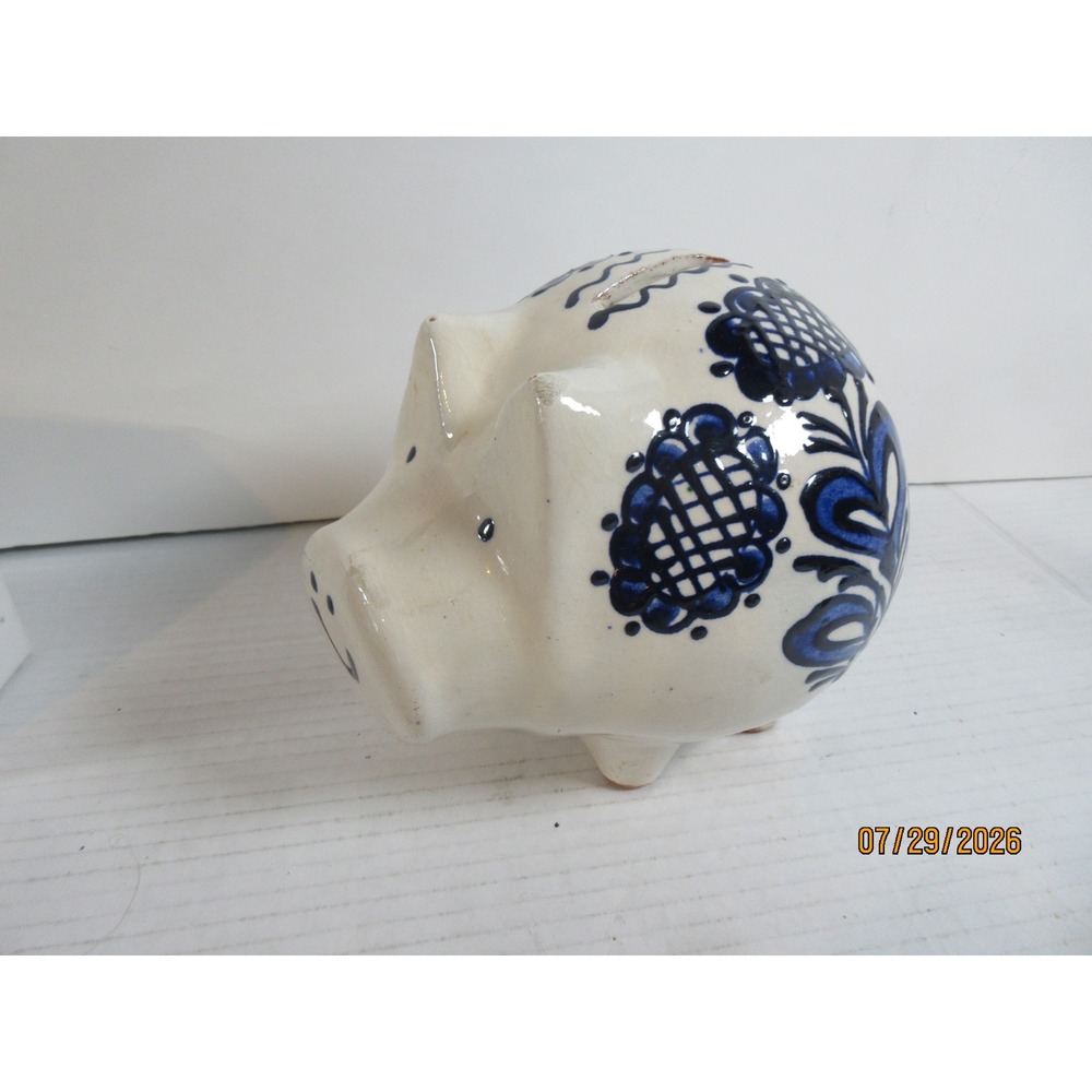 Vintage Handmade Romania Ceramic Piggy Bank Blue White Floral Folk Art 6" Tall